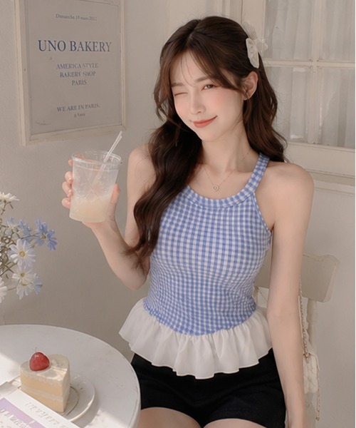 Nia（ニア）の「Nia(ニア)/【カップ付き】バルーンヘムギンガムチェックトップス（Tシャツ/カットソー・レディース・レッド/ブルー/ブラック・FREE）」の16枚目の写真