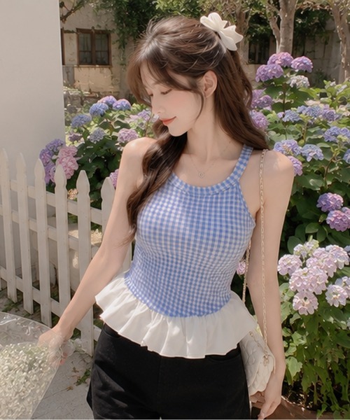Nia（ニア）の「Nia(ニア)/【カップ付き】バルーンヘムギンガムチェックトップス（Tシャツ/カットソー・レディース・レッド/ブルー/ブラック・FREE）」の17枚目の写真