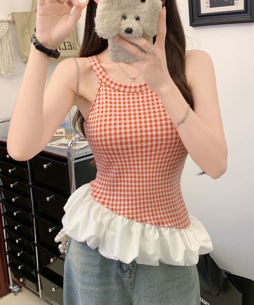 Nia（ニア）の「Nia(ニア)/【カップ付き】バルーンヘムギンガムチェックトップス（Tシャツ/カットソー・レディース・レッド/ブルー/ブラック・FREE）」の19枚目の写真