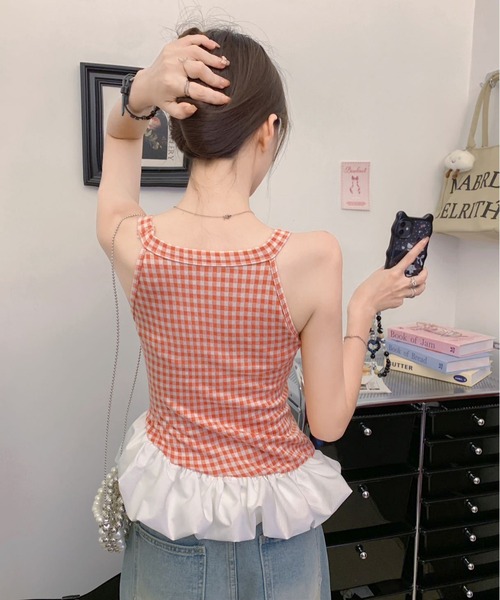 Nia（ニア）の「Nia(ニア)/【カップ付き】バルーンヘムギンガムチェックトップス（Tシャツ/カットソー・レディース・レッド/ブルー/ブラック・FREE）」の20枚目の写真