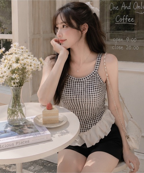 Nia（ニア）の「Nia(ニア)/【カップ付き】バルーンヘムギンガムチェックトップス（Tシャツ/カットソー・レディース・レッド/ブルー/ブラック・FREE）」の6枚目の写真