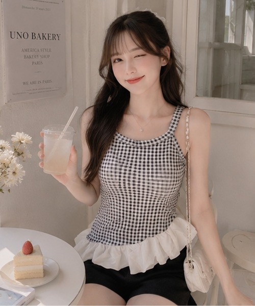 Nia（ニア）の「Nia(ニア)/【カップ付き】バルーンヘムギンガムチェックトップス（Tシャツ/カットソー・レディース・レッド/ブルー/ブラック・FREE）」の7枚目の写真