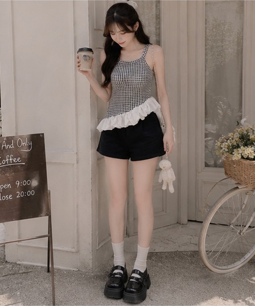 Nia（ニア）の「Nia(ニア)/【カップ付き】バルーンヘムギンガムチェックトップス（Tシャツ/カットソー・レディース・レッド/ブルー/ブラック・FREE）」の9枚目の写真