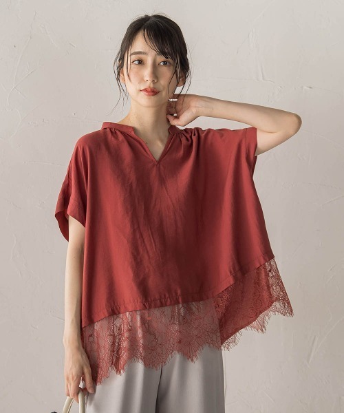 Droite lautreamont(ドロワットロートレアモン)の「【WEB限定】キーネックレース切替ブラウス(シャツ/ブラウス・レディース・ボルドー/ベージュ/ブラック・M)」の3枚目の写真