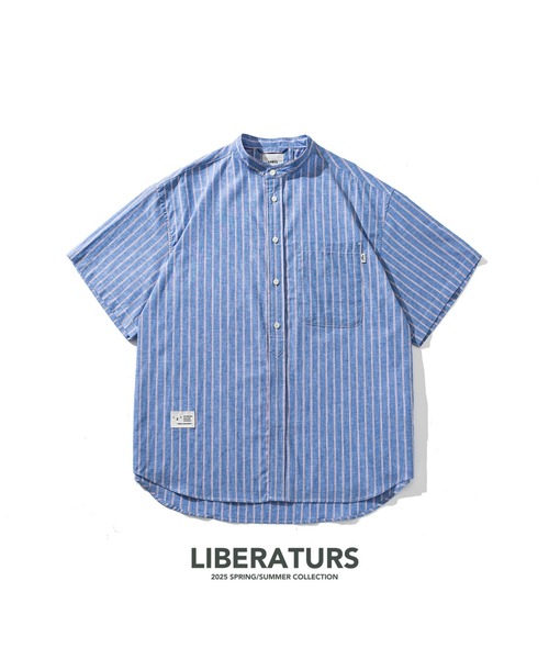 COTTON LINEN STRIPE BAND COLLAR SHIRT — рубашка из хлопка и льна в полоску с воротником‑стойкой