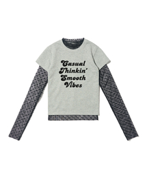 ドットシースルーロングスリーブレイヤードカジュアル半袖Tシャツセット（ブラック/メランジ）