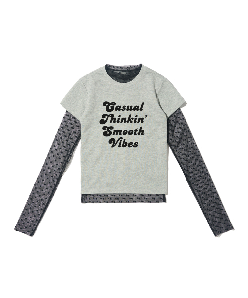 CARGOBROS FOR WOMAN(カーゴブロスフォーウィメン)の「ドットシースルーロングスリーブレイヤードカジュアル半袖Tシャツセット(ブラック/メランジ)(Tシャツ/カットソー・レディース・その他・FREE)」の1枚目の写真