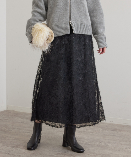 U by SPICK&SPAN(ユーバイスピックアンドスパン)の「起毛レーススカート+サテンスカート2SET(スカート・レディース・ブラック/White・38/36)」の8枚目の写真