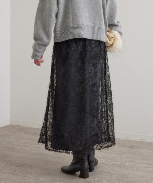 U by SPICK&SPAN(ユーバイスピックアンドスパン)の「起毛レーススカート+サテンスカート2SET(スカート・レディース・ブラック/White・38/36)」の9枚目の写真