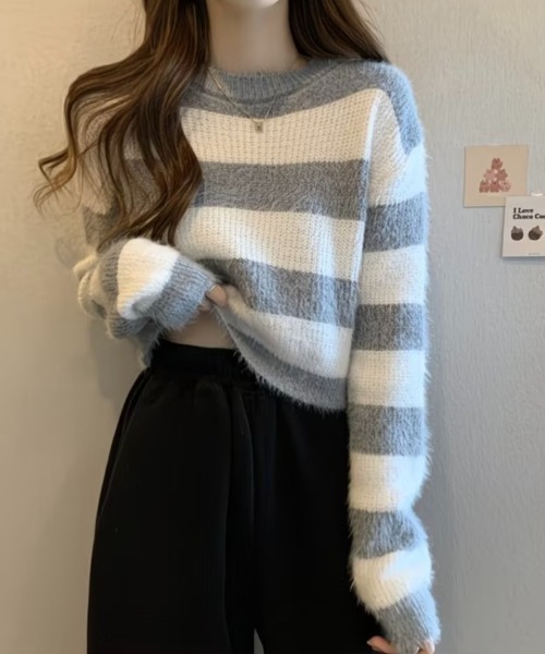 Beststore(ベストストア)の「ボーダー柄 シャギーニット トップス 短丈 ゆったり ふんわり(ニット/セーター・レディース・ブラック/グリーン/ベージュ/グレー・FREE)」の3枚目の写真