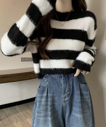 ボーダー柄 シャギーニット トップス 短丈 ゆったり ふんわり