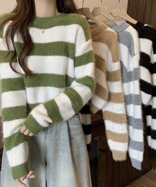 Beststore(ベストストア)の「ボーダー柄 シャギーニット トップス 短丈 ゆったり ふんわり(ニット/セーター・レディース・ブラック/グリーン/ベージュ/グレー・FREE)」の5枚目の写真