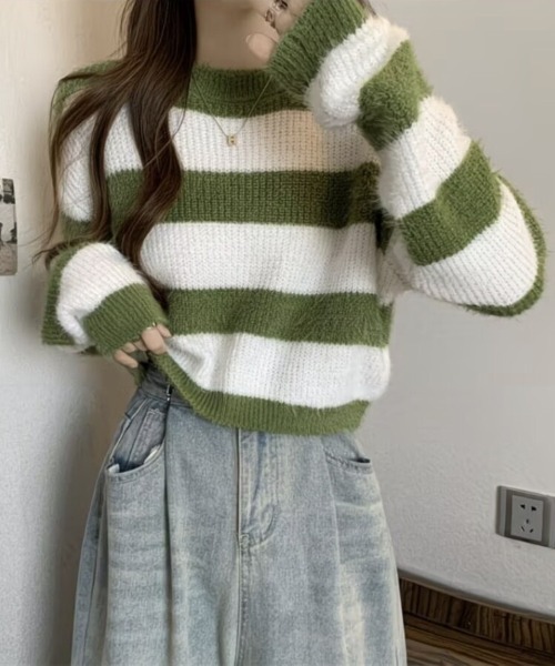 Beststore(ベストストア)の「ボーダー柄 シャギーニット トップス 短丈 ゆったり ふんわり(ニット/セーター・レディース・ブラック/グリーン/ベージュ/グレー・FREE)」の16枚目の写真