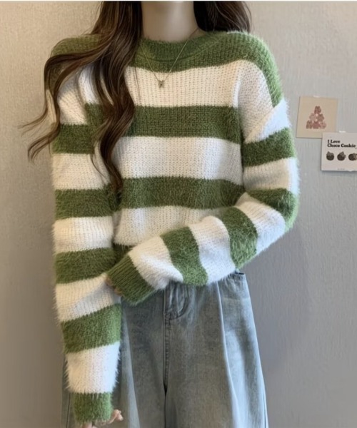 Beststore(ベストストア)の「ボーダー柄 シャギーニット トップス 短丈 ゆったり ふんわり(ニット/セーター・レディース・ブラック/グリーン/ベージュ/グレー・FREE)」の17枚目の写真