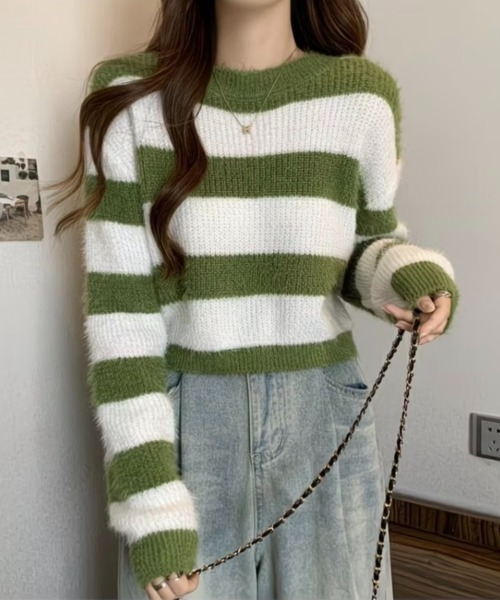 Beststore(ベストストア)の「ボーダー柄 シャギーニット トップス 短丈 ゆったり ふんわり(ニット/セーター・レディース・ブラック/グリーン/ベージュ/グレー・FREE)」の18枚目の写真