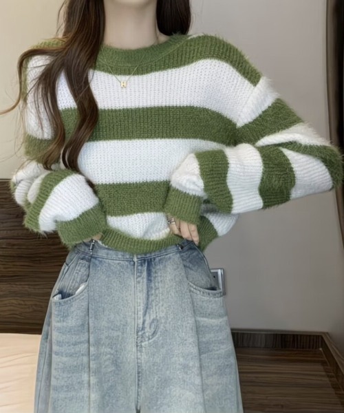 Beststore(ベストストア)の「ボーダー柄 シャギーニット トップス 短丈 ゆったり ふんわり(ニット/セーター・レディース・ブラック/グリーン/ベージュ/グレー・FREE)」の20枚目の写真