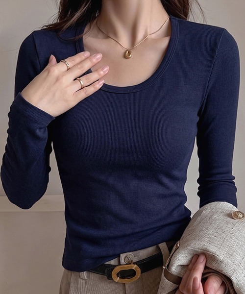 Miniministore（ミニミニストア）の「Uネック長袖カットソー韓国風コンパクトT（Tシャツ/カットソー・レディース・ホワイト/ブラック/グレー/ブラウン/ライトグレー/ネイビー・FREE）」の6枚目の写真