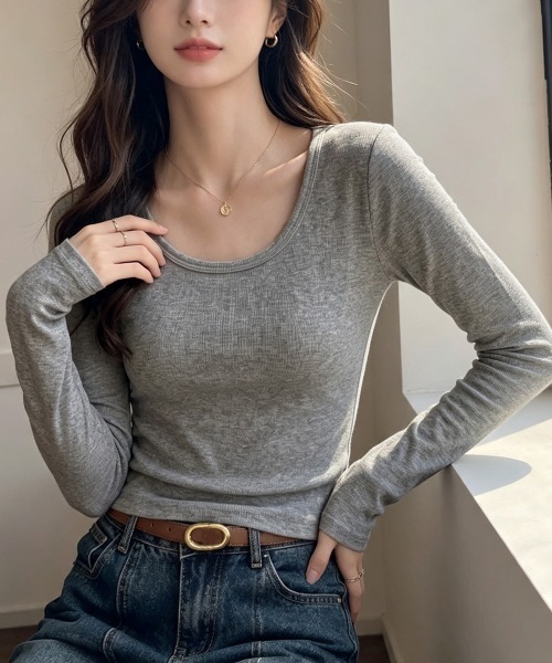 Miniministore（ミニミニストア）の「Uネック長袖カットソー韓国風コンパクトT（Tシャツ/カットソー・レディース・ホワイト/ブラック/グレー/ブラウン/ライトグレー/ネイビー・FREE）」の17枚目の写真