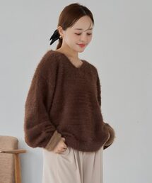 [ 田中亜希子さんコラボ ] 袖裏バイカラーVネックシャギーニット