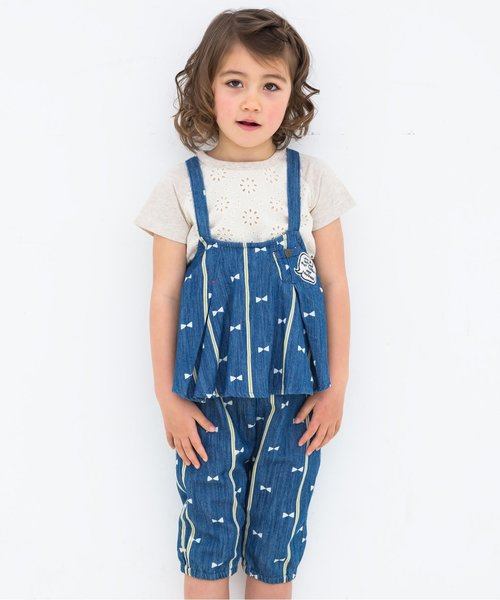 BREEZE（ブリーズ）の「リボン柄オールインワン 7分丈（サロペット/オーバーオール・キッズ・ブルー/ネイビー/キナリ・110/130/90/80/140/95/100/120）」の3枚目の写真