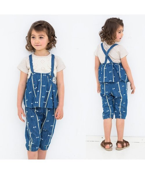 BREEZE（ブリーズ）の「リボン柄オールインワン 7分丈（サロペット/オーバーオール・キッズ・ブルー/ネイビー/キナリ・110/130/90/80/140/95/100/120）」の4枚目の写真