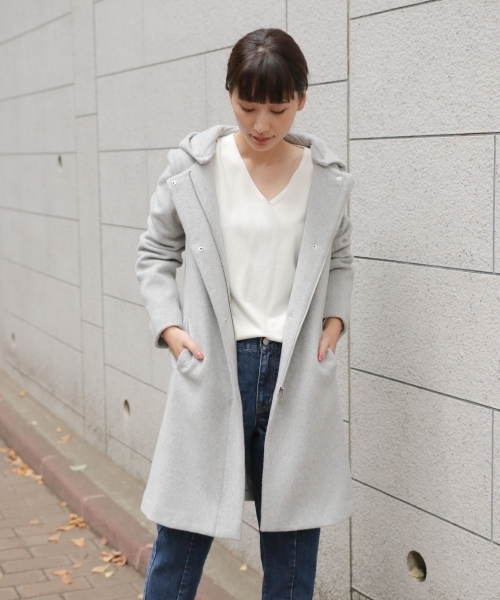 laboratory work（ラボラトリーワーク）の「ビーバーフーテッドコート（ノーカラージャケット・レディース・ネイビー/ブルー/グレー/キャメル・MEDIUM）」の16枚目の写真