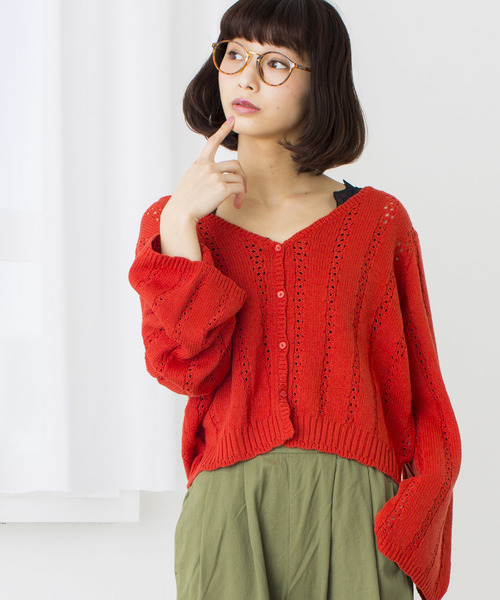 WEGO(ウィゴー)の「WEGO/リリーヤーンフレア袖ショートカーディガン(カーディガン/ボレロ・レディース・レッド/オフホワイト/グリーン/パープル/マスタード/ライトベージュ/カーキ/ダークオレンジ・FREE)」の2枚目の写真