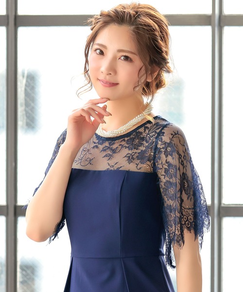 Retica mew（レティカミュウ）の「[CLOSED] パーティードレス 二次会 Aライン レース フレアスリーブ タイト ワンピース 結婚式 低身長 20代 30代 大きいサイズ お呼ばれ（ドレス・レディース・ネイビー/ベージュ・L/S/XXL/M/XL）」の16枚目の写真