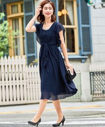 フレアスリーブウエストリボン結婚式ワンピースドレス