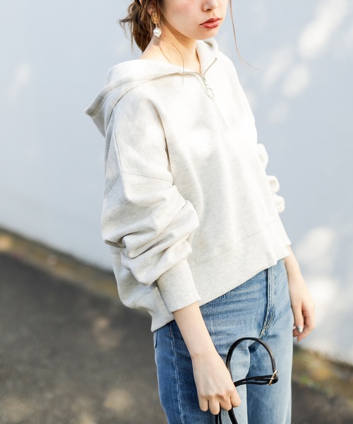 natural couture（ナチュラルクチュール）の「ハーフジップショートパーカー（パーカー・レディース・ライトグレー/ブラック/アイボリー/パープル/ピンク・FREE）」の3枚目の写真