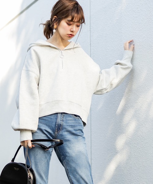 natural couture（ナチュラルクチュール）の「ハーフジップショートパーカー（パーカー・レディース・ライトグレー/ブラック/アイボリー/パープル/ピンク・FREE）」の13枚目の写真