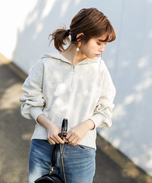 natural couture（ナチュラルクチュール）の「ハーフジップショートパーカー（パーカー・レディース・ライトグレー/ブラック/アイボリー/パープル/ピンク・FREE）」の14枚目の写真