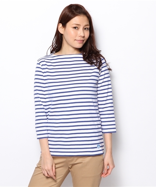 ORCIVAL（オーシバル）の「【ORCIVAL】40/2ストライプボートネックTシャツ（Tシャツ/カットソー・レディース・オレンジ/トップグレー/ロイヤルブルー/イエロー・MEDIUM/SMALL）」の3枚目の写真
