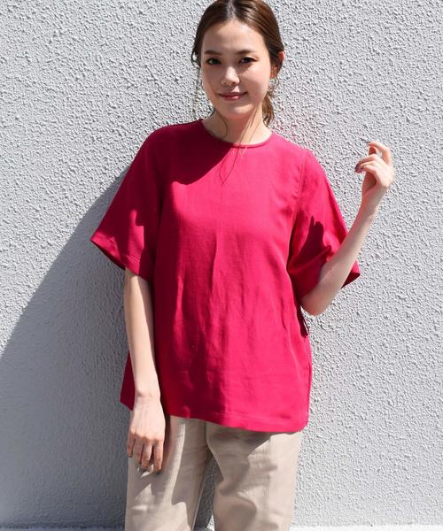 美品　人気　サクラ　半袖リボンブラウス　ピンク　コットンリネン　ゆったり　洗える SACRA（サクラ）の「【日本製】リネン混ウエストリボンブラウス