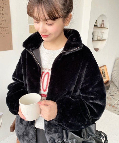 セール】ビッグシルエットスタンドカラーフェイクファーブルゾン