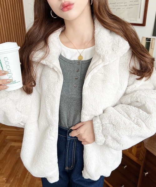 セール】ビッグシルエットスタンドカラーフェイクファーブルゾン