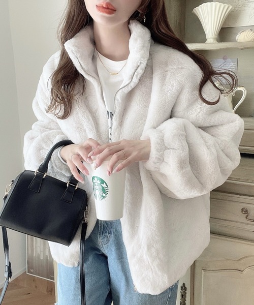 セール】ビッグシルエットスタンドカラーフェイクファーブルゾン