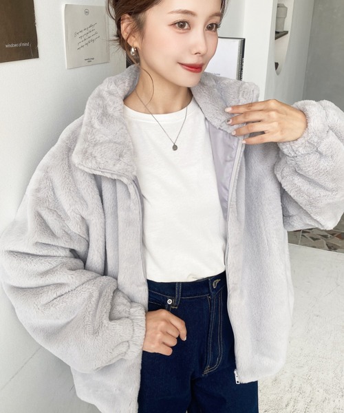 セール】ビッグシルエットスタンドカラーフェイクファーブルゾン