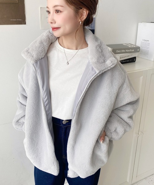 セール】ビッグシルエットスタンドカラーフェイクファーブルゾン