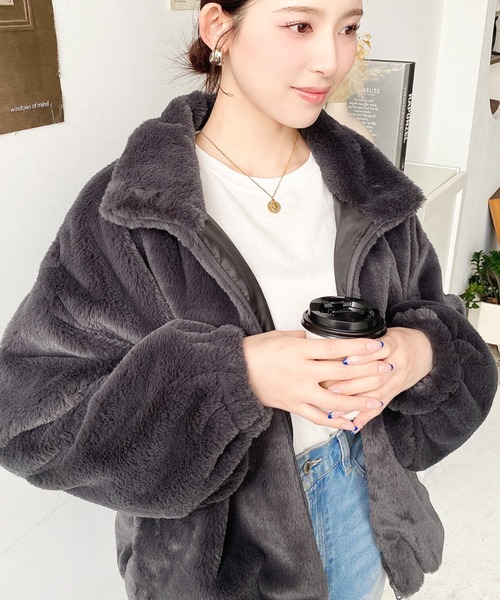 セール】ビッグシルエットスタンドカラーフェイクファーブルゾン