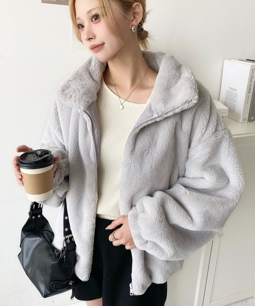 セール】ビッグシルエットスタンドカラーフェイクファーブルゾン