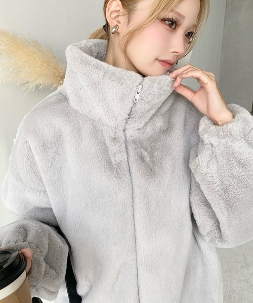 セール】ビッグシルエットスタンドカラーフェイクファーブルゾン