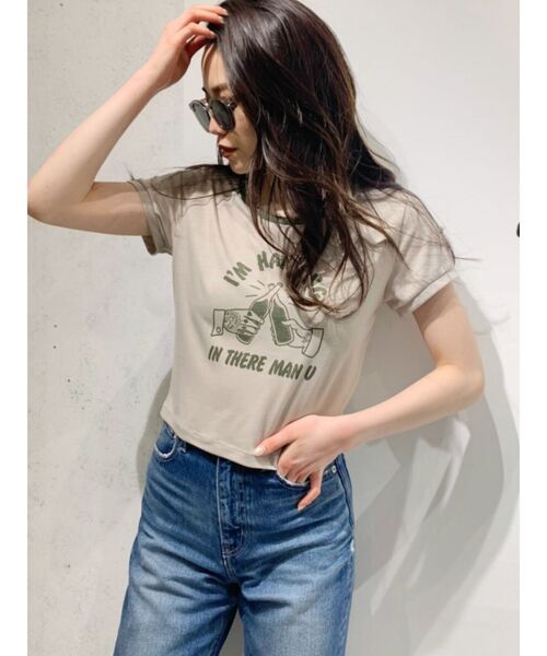 GYDA（ジェイダ）の「Im hangingリンガーショートTシャツ（Tシャツ/カットソー・レディース・チャコールグレー/ベージュ/オフホワイト・FREE）」の9枚目の写真