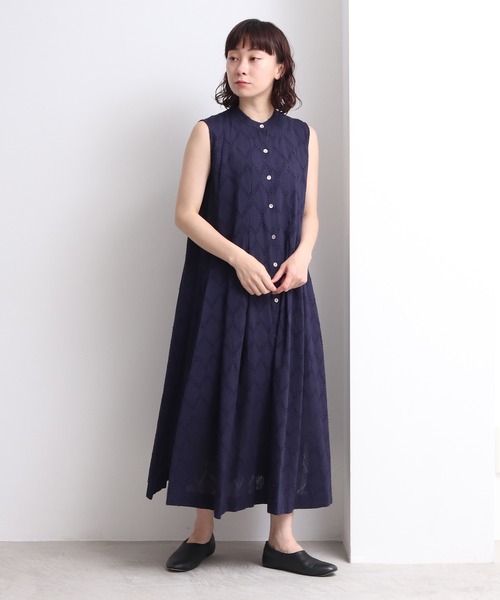 yuni ユニ コットン ロングワンピース ネイビー ボリューム タック  