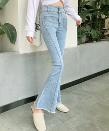 レディース 裾フリンジハイウエストフレアデニムパンツ ストレッチ