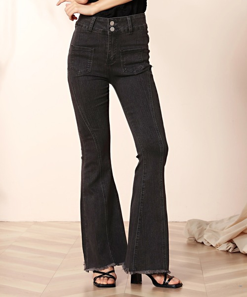 DAY CLOSET(デイ クローゼット)の「レディース 裾フリンジハイウエストフレアデニムパンツ ストレッチ(デニムパンツ・レディース・ライトブルー/ブルー/アイボリー/インディゴブルー/チャコールグレー/ブラック・M/S/XL/L)」の21枚目の写真