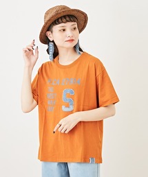 CUBE SUGAR（キューブシュガー）の「天竺 パウダー加工 デニムパッチ プリントTシャツ（Tシャツ/カットソー）」