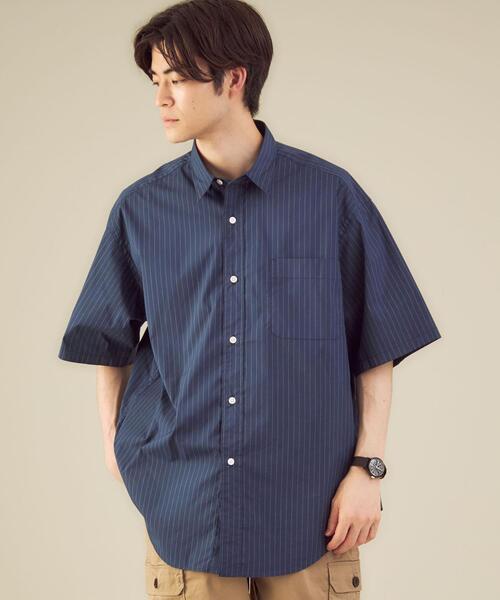 green label relaxing（グリーンレーベルリラクシング）の「＜ 機能 / 伸縮性 ＞ Livelihood Mover(s) ピンストライプ 半袖 シャツ ♯（シャツ/ブラウス・メンズ・ネイビー/オリーブ・X-SMALL/XX-LARGE/X-LARGE/MEDIUM/SMALL/LARGE）」の2枚目の写真