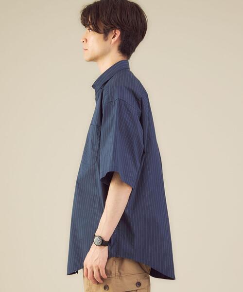 green label relaxing（グリーンレーベルリラクシング）の「＜ 機能 / 伸縮性 ＞ Livelihood Mover(s) ピンストライプ 半袖 シャツ ♯（シャツ/ブラウス・メンズ・ネイビー/オリーブ・X-SMALL/XX-LARGE/X-LARGE/MEDIUM/SMALL/LARGE）」の4枚目の写真