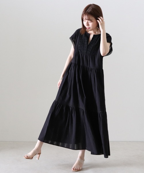 Cheek(チーク)の「レース切替カフタンワンピース(ワンピース・レディース・ブラック/オフホワイト/ピンク・FREE)」の2枚目の写真